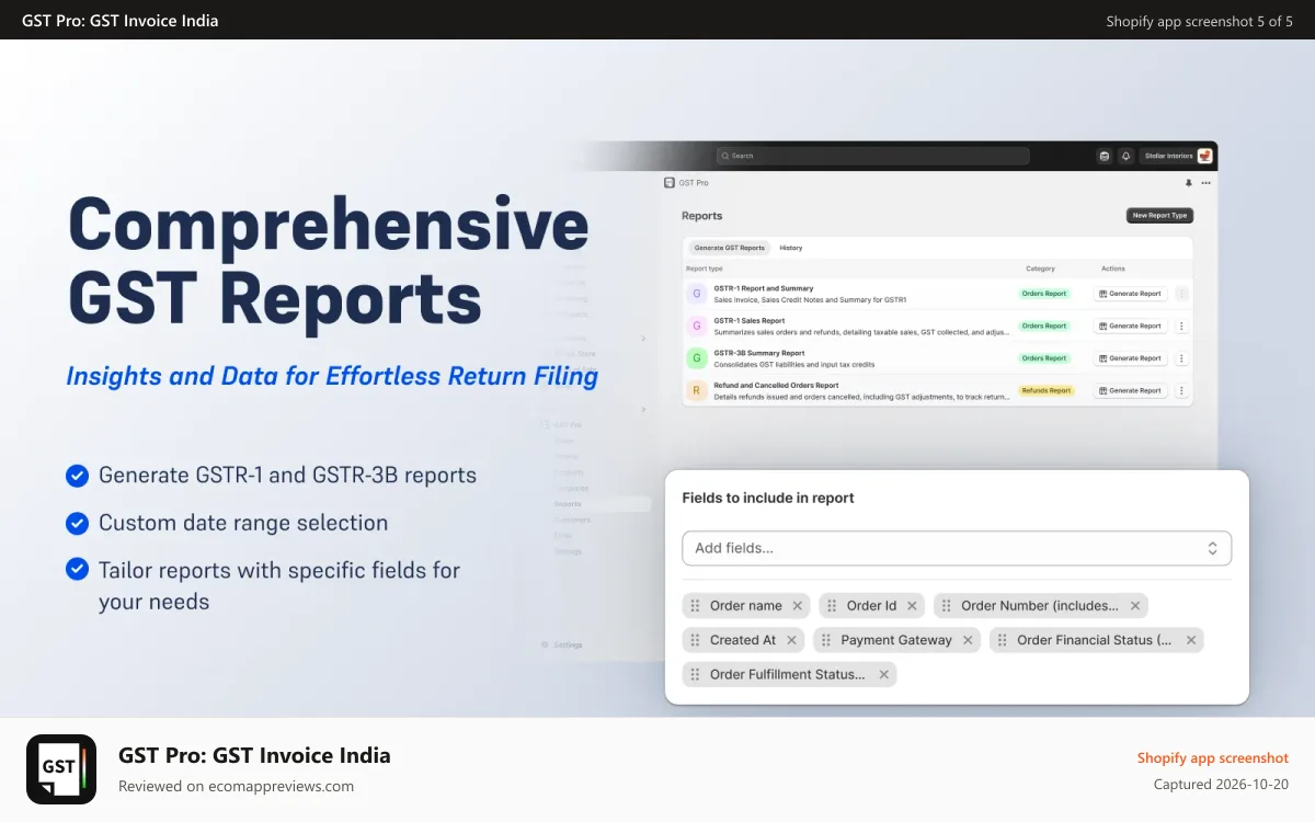 GST Pro: GST Invoice India Shopify app screenshot: Comprehensive GST Reports Insights and Data