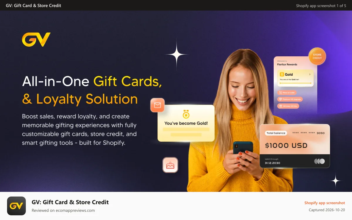 GV: Gift Card & Store Credit Shopify app screenshot: Gift cards and store credit rewards that bring customers back