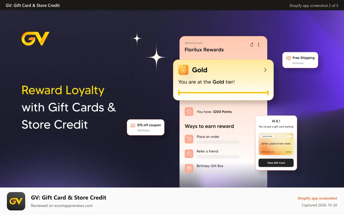 GV: Gift Card & Store Credit Shopify app screenshot: Turn purchases into store credit rewards worth coming back for