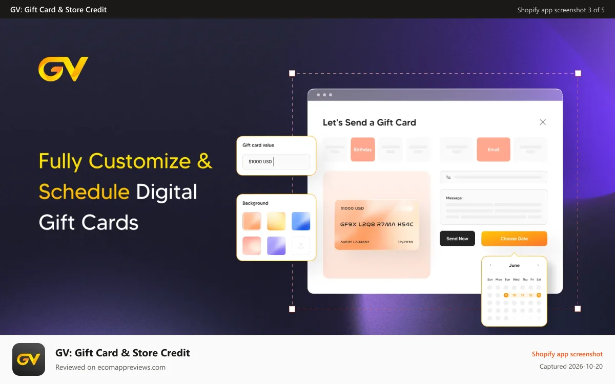 GV: Gift Card & Store Credit Shopify app screenshot: Sell digital gift cards with custom amounts for every occasion