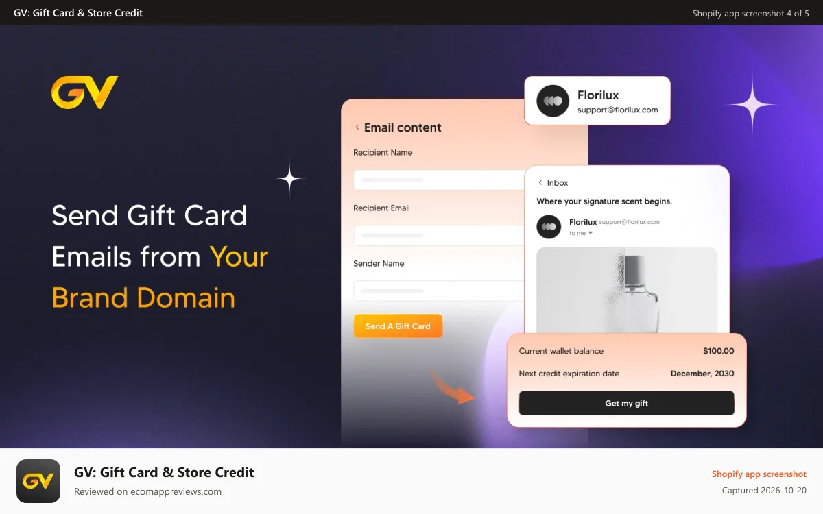 GV: Gift Card & Store Credit Shopify app screenshot: Give gift cards your brand's own look with custom email designs