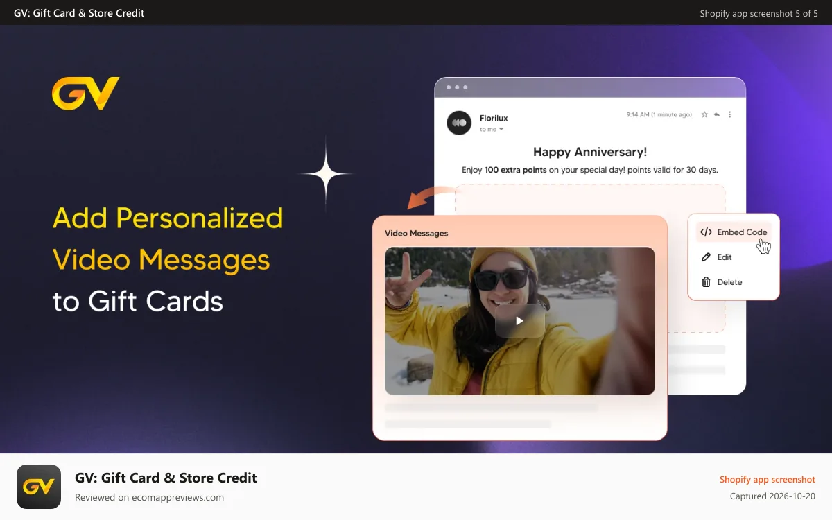 GV: Gift Card & Store Credit Shopify app screenshot: Make gift cards personal with messages, images and video gifts