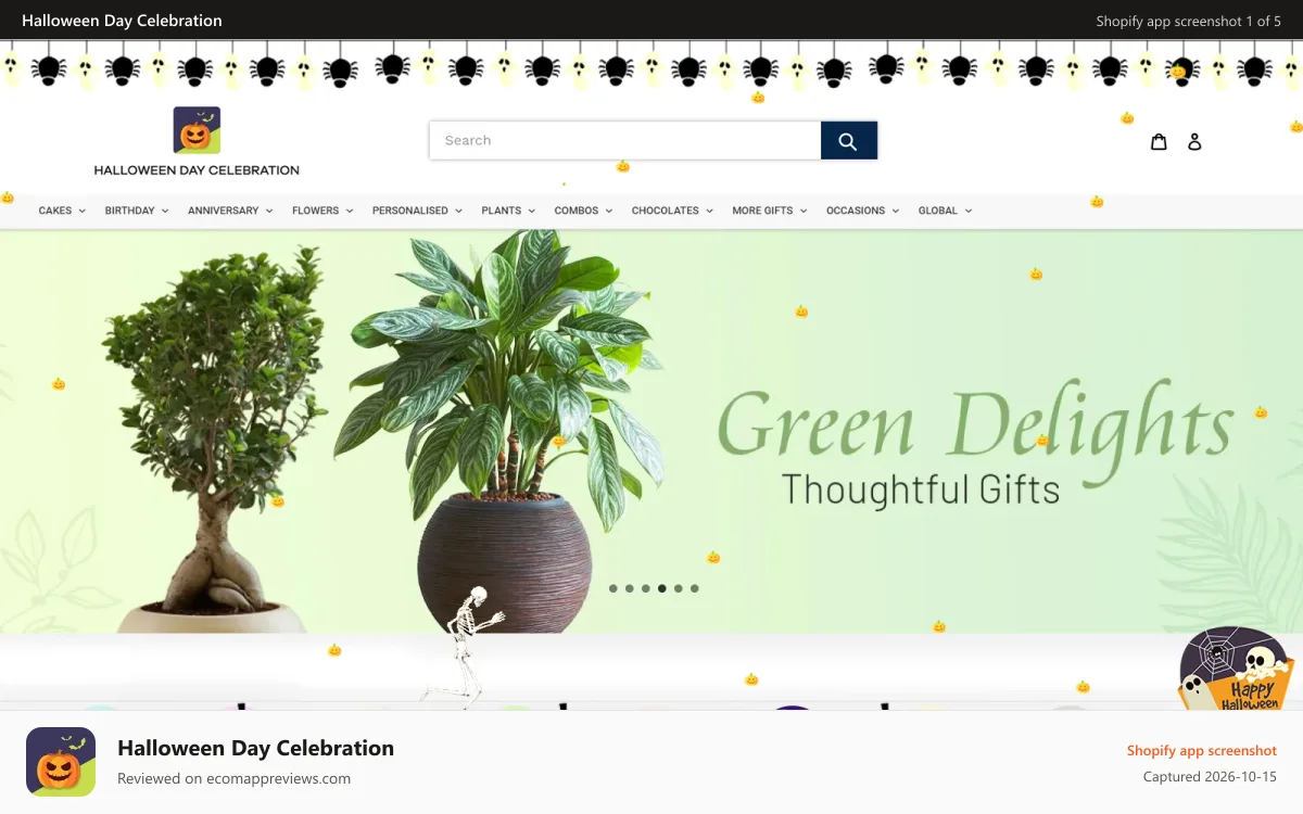 Halloween Day Celebration Shopify app screenshot: Halloween Day, Halloween Effects, Sotre Decoration