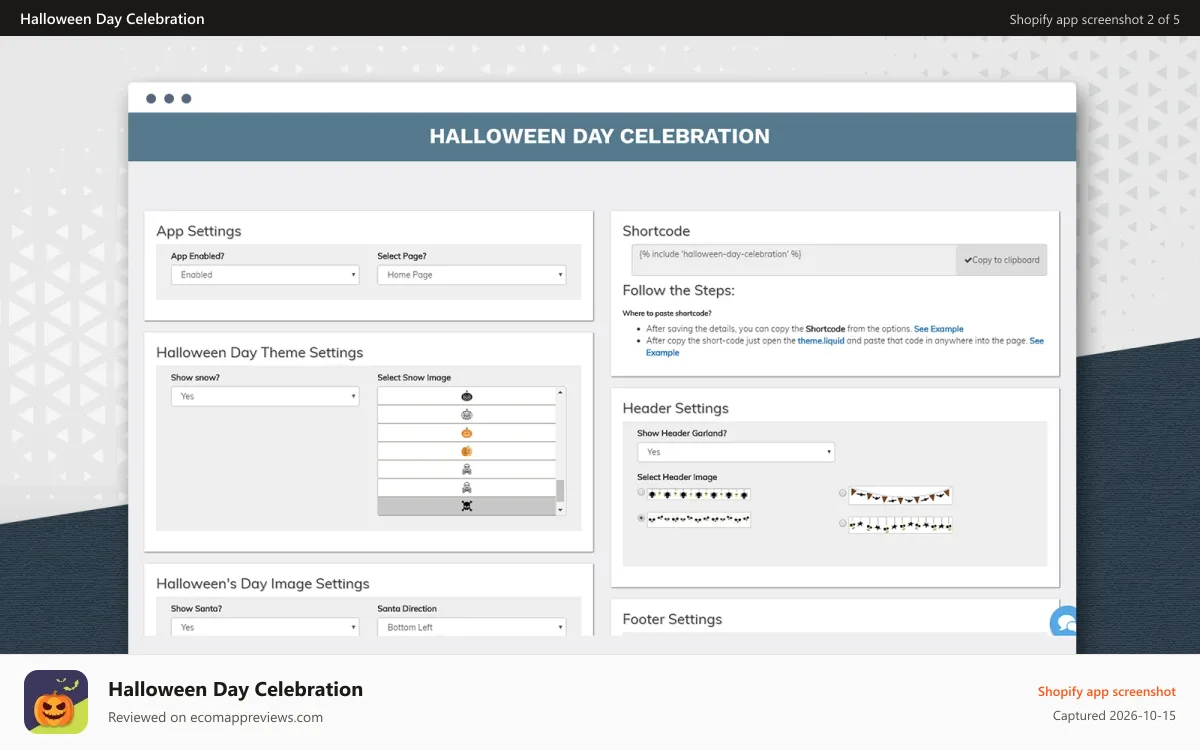 Halloween Day Celebration Shopify app screenshot: Dashboard Settings