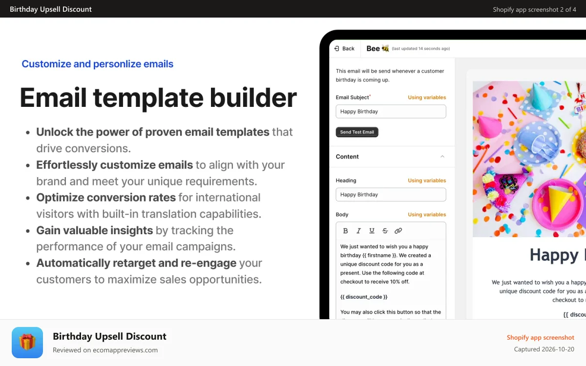 Birthday Upsell Discount Shopify app screenshot: Email template builder
