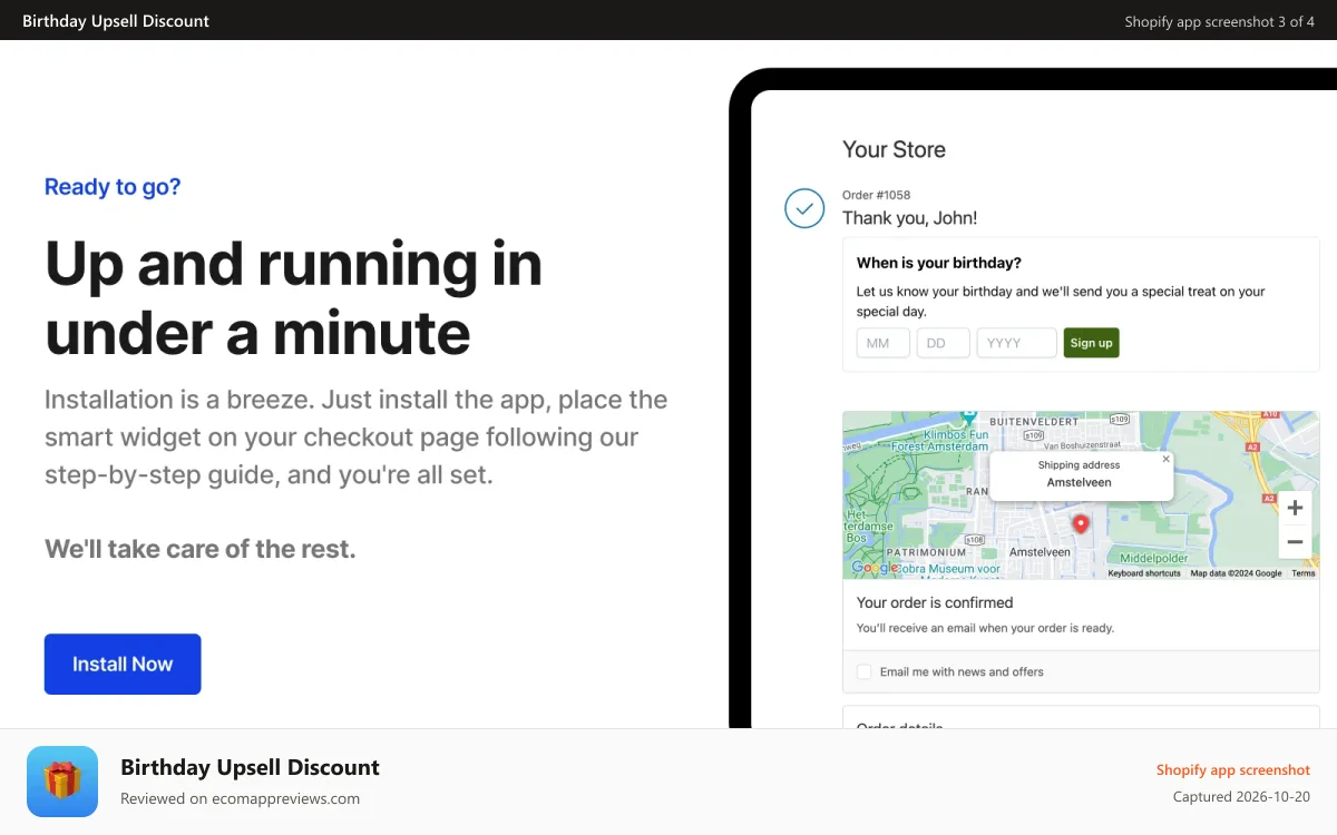 Birthday Upsell Discount Shopify app screenshot: Up and running in under a minute