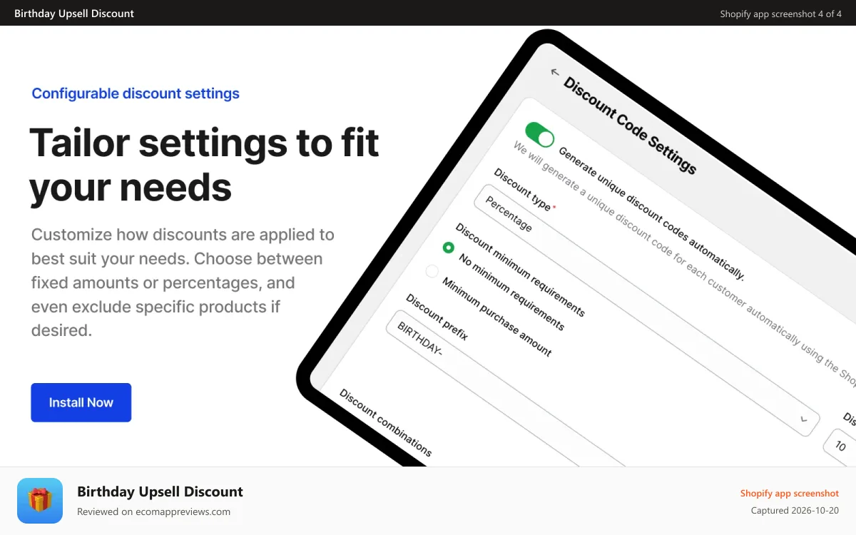 Birthday Upsell Discount Shopify app screenshot: Advanced customization options