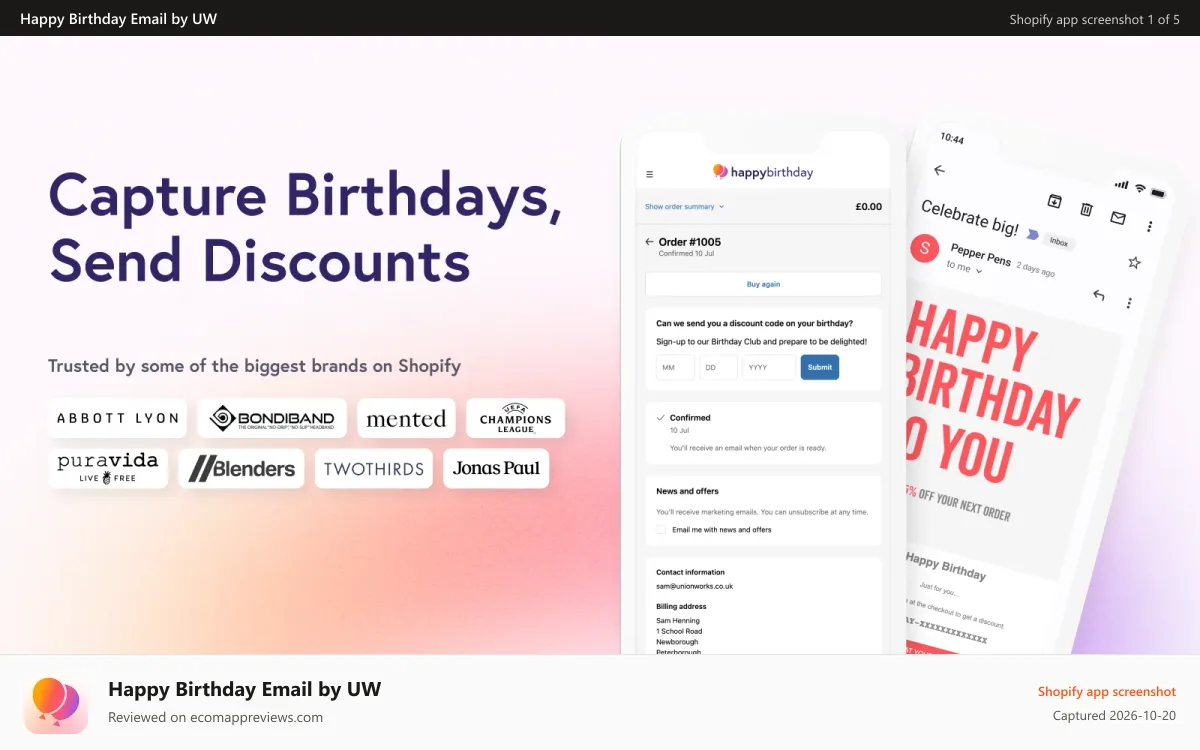 Happy Birthday Email by UW Shopify app screenshot: Birthday Emails for Shopify