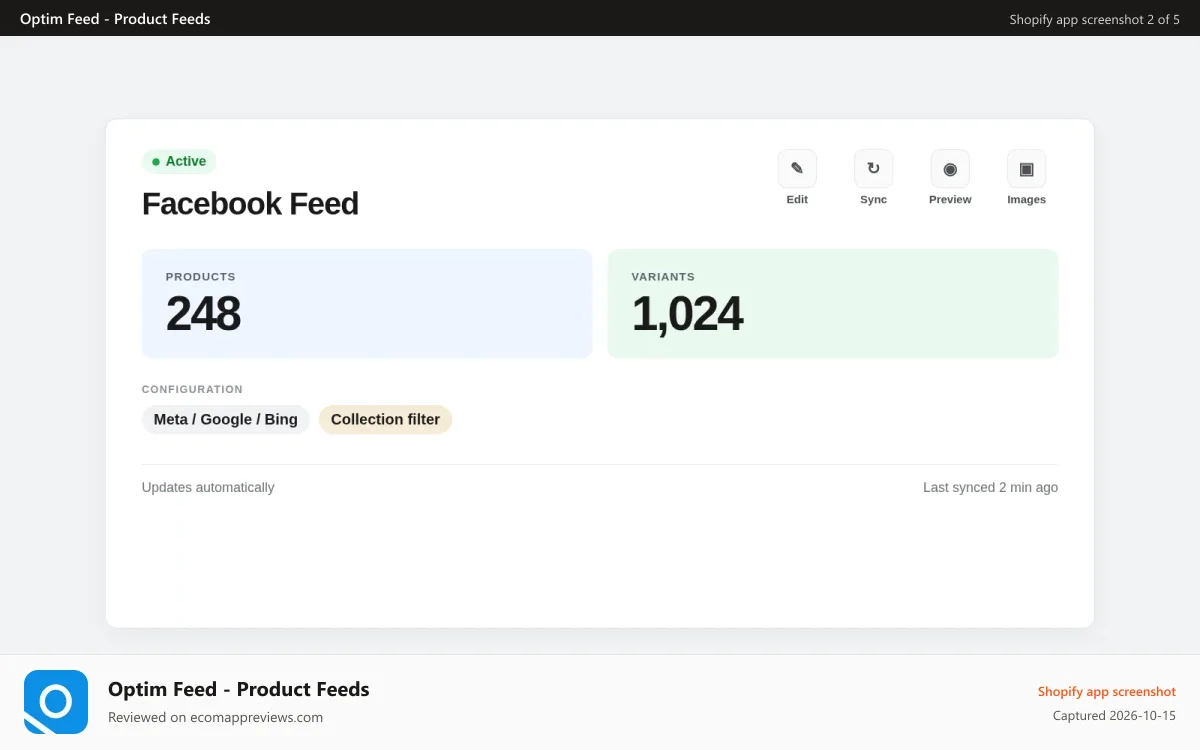 Optim Feed ‑ Product Feeds Shopify app screenshot: Active Facebook feed with products and variants