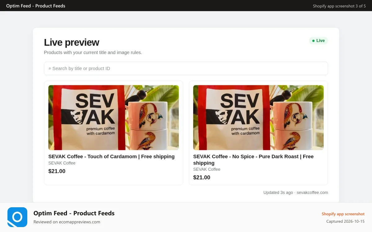 Optim Feed ‑ Product Feeds Shopify app screenshot: Live preview of SEVAK Coffee products in the feed