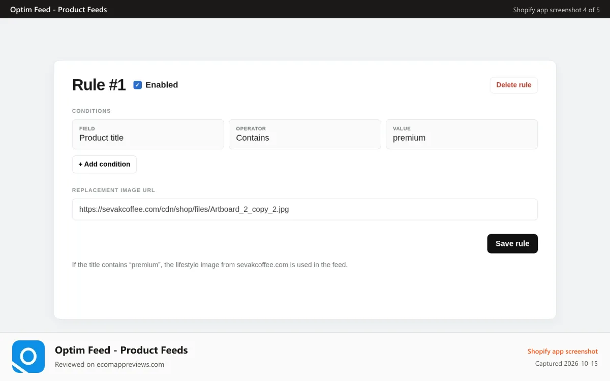 Optim Feed ‑ Product Feeds Shopify app screenshot: Image replacement rule based on product title