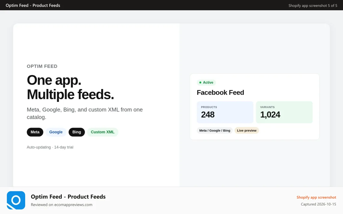 Optim Feed ‑ Product Feeds Shopify app screenshot: One app, multiple feeds for Meta, Google, and Bing