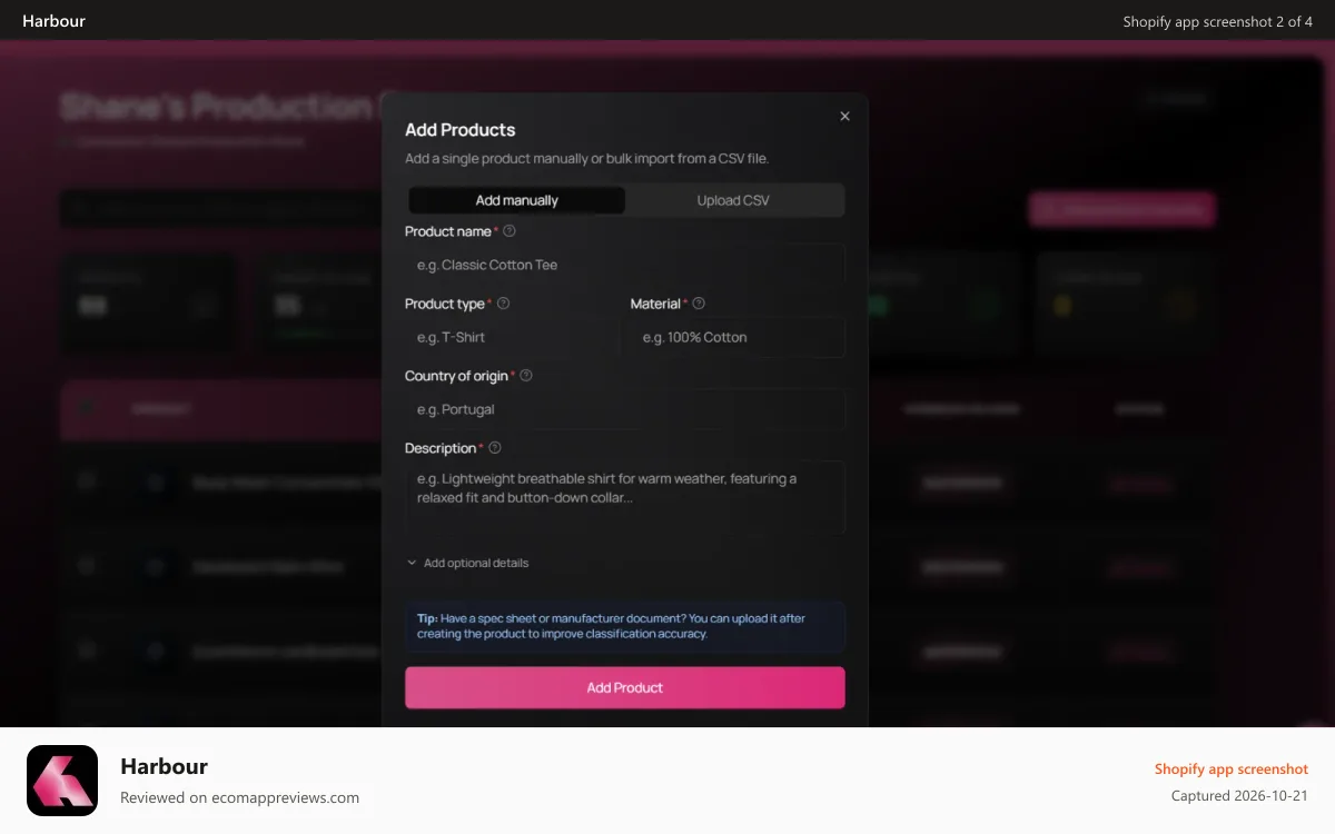 Harbour Shopify app screenshot: Add products