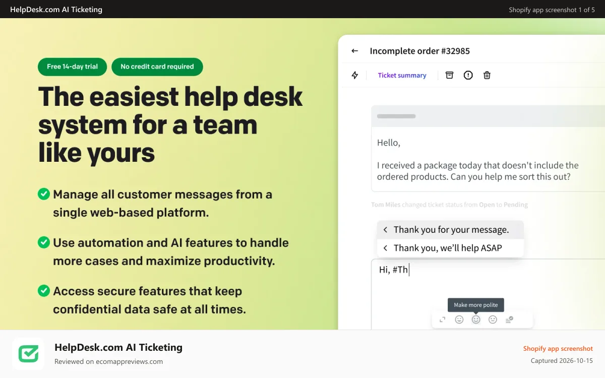 HelpDesk.com AI Ticketing Shopify app screenshot: HelpDesk.com: the easiest ticketing system for a team like yours