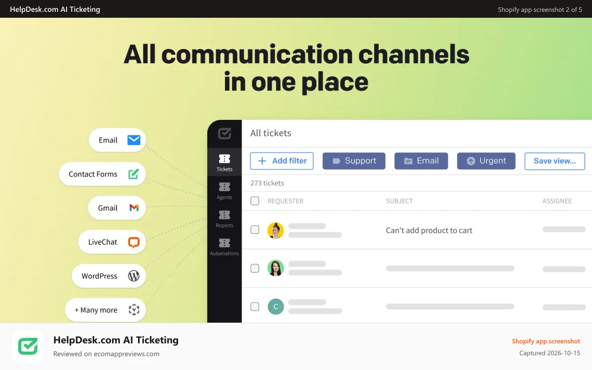HelpDesk.com AI Ticketing Shopify app screenshot: All communication channels in one place