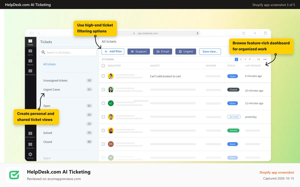 HelpDesk.com AI Ticketing Shopify app screenshot: Main HelpDesk.com dashboard for collaborative work