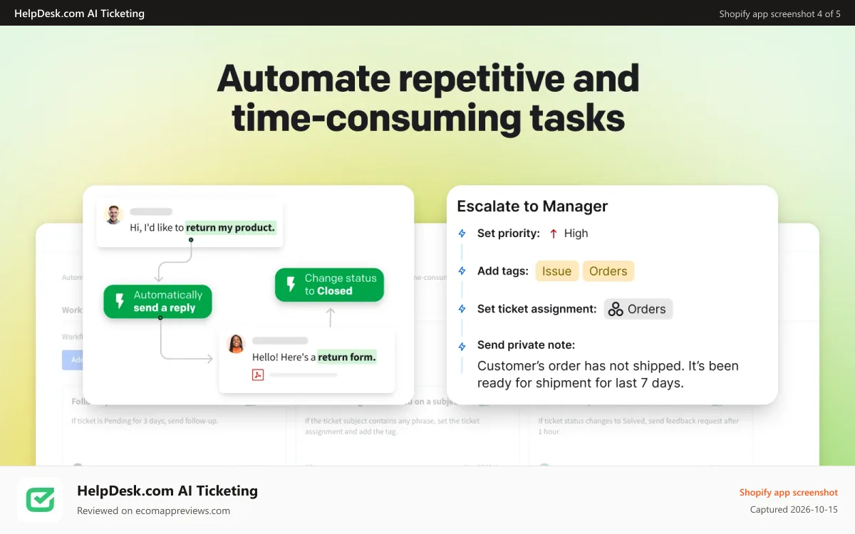 HelpDesk.com AI Ticketing Shopify app screenshot: User-friendly automation setup ideal for repetitive tasks