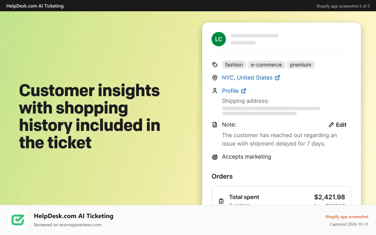 HelpDesk.com AI Ticketing Shopify app screenshot: Customer insight with shopping history included in the ticket