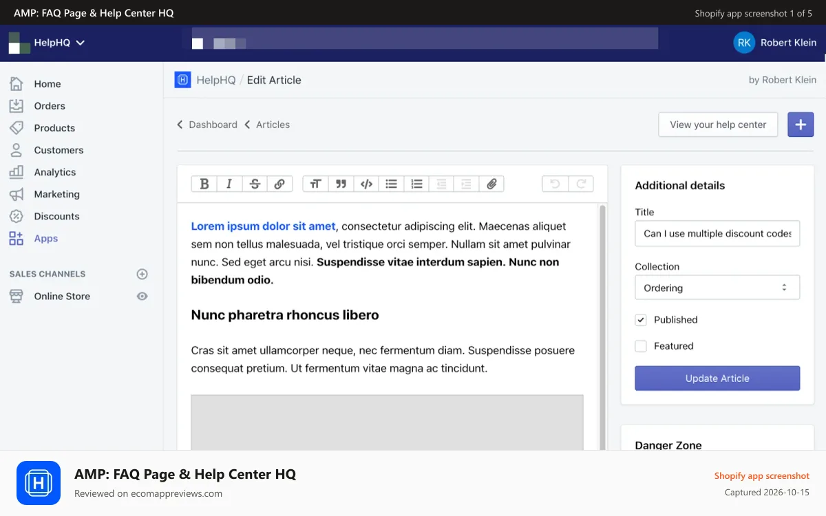 AMP: FAQ Page & Help Center HQ Shopify app screenshot: FAQ page powerful editor