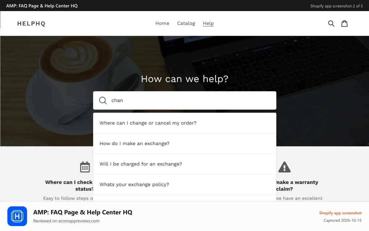 AMP: FAQ Page & Help Center HQ Shopify app screenshot: Help Center Search functionality