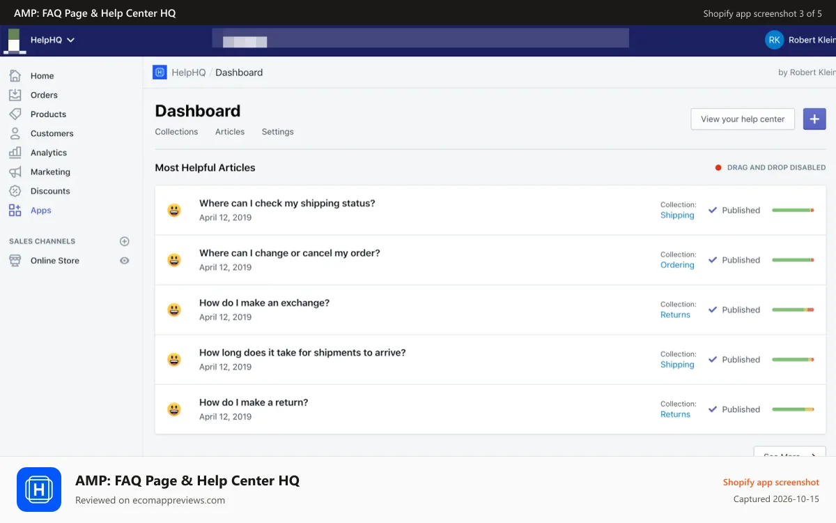 AMP: FAQ Page & Help Center HQ Shopify app screenshot: Help Center Dashboard