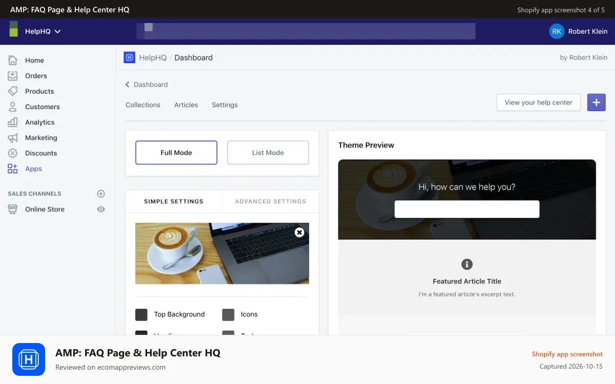 AMP: FAQ Page & Help Center HQ Shopify app screenshot: Help center Settings