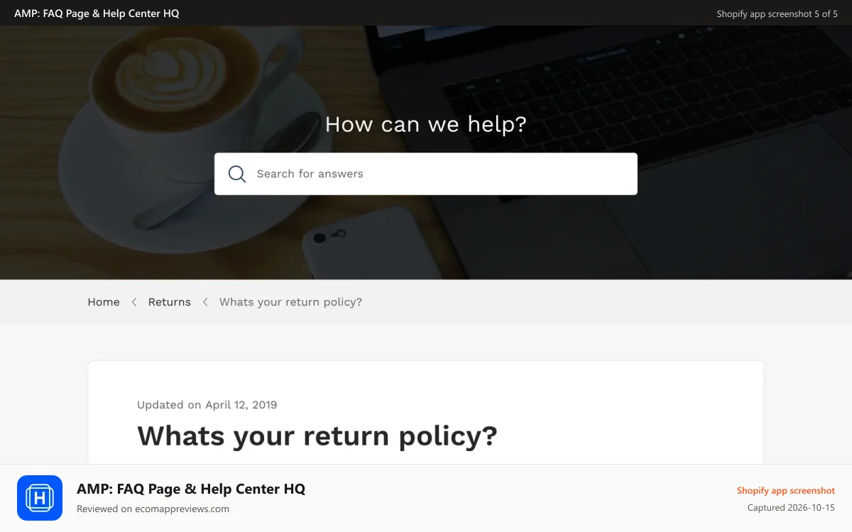 AMP: FAQ Page & Help Center HQ Shopify app screenshot: FAQ page