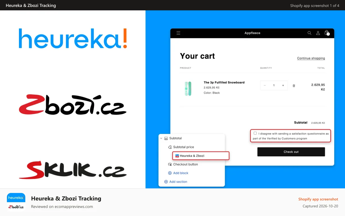 Heureka & Zbozi Tracking Shopify app screenshot: Heureka, Zbozi.cz, Sklik.cz logos with consent on Shopify cart