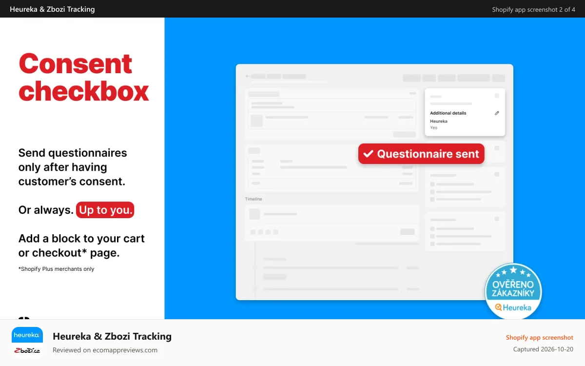 Heureka & Zbozi Tracking Shopify app screenshot: Consent & Shopify order page with 'Yes' for sent questionnaires