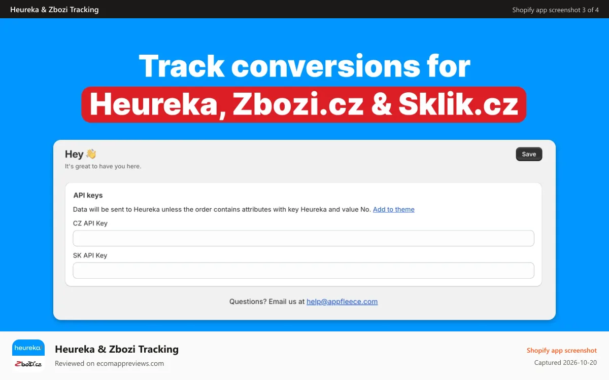Heureka & Zbozi Tracking Shopify app screenshot: Shopify conversion tracking for Heureka, Zbozi, Sklik