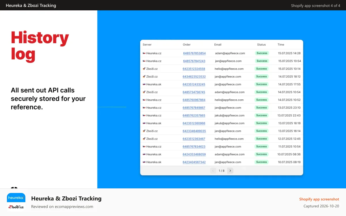 Heureka & Zbozi Tracking Shopify app screenshot: Shopify log of secure API calls for Heureka, Zbozi, Sklik