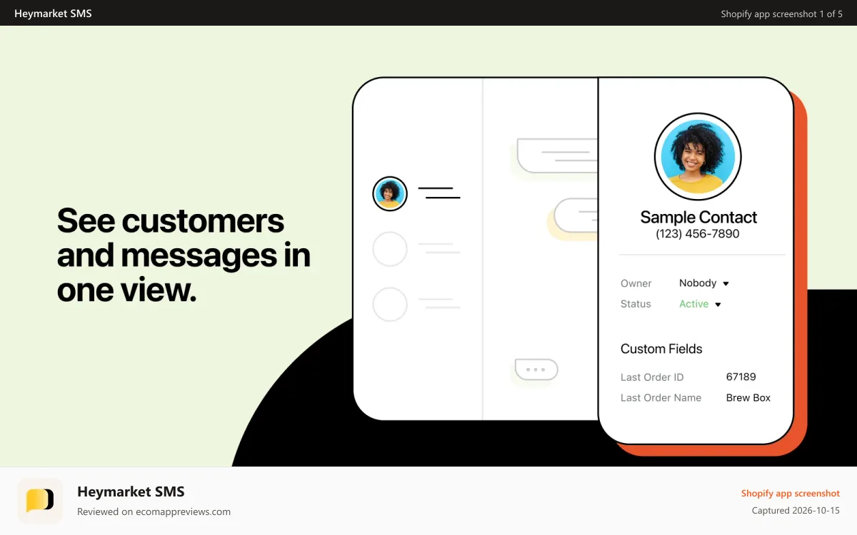 Heymarket SMS Shopify app screenshot: See customers and messages in one view