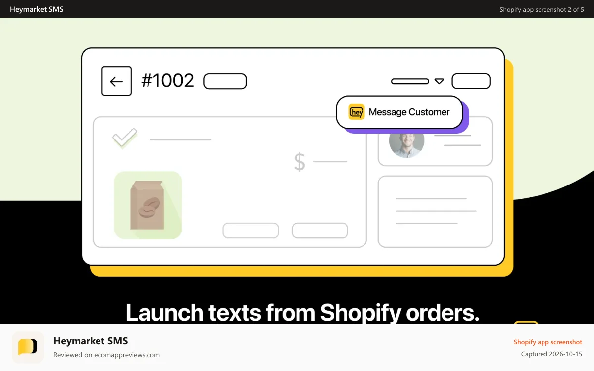 Heymarket SMS Shopify app screenshot: Launch text from Shopify orders