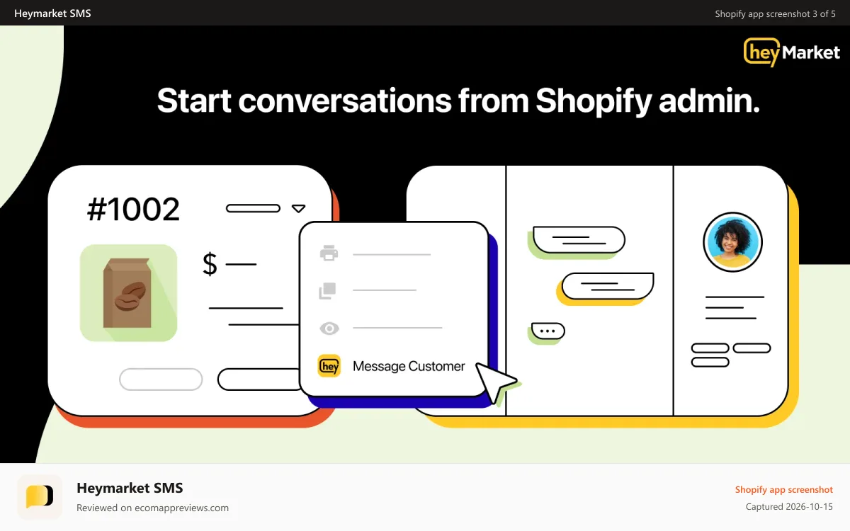 Heymarket SMS Shopify app screenshot: Start conversations from Shopify admin