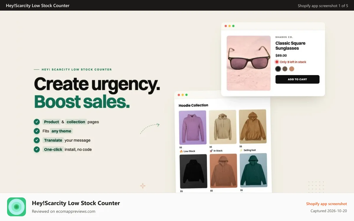 Hey!Scarcity Low Stock Counter Shopify app screenshot: Low stock message on product and collection page. Left in stock