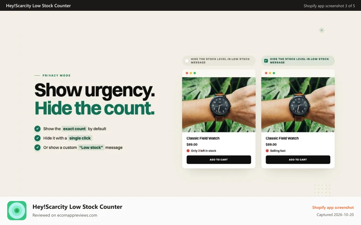 Hey!Scarcity Low Stock Counter Shopify app screenshot: Display your stock level, stock count, display inventory,scarity