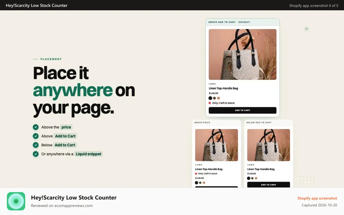 Hey!Scarcity Low Stock Counter Shopify app screenshot: threshold to display stock counter remaining stock urgency stock