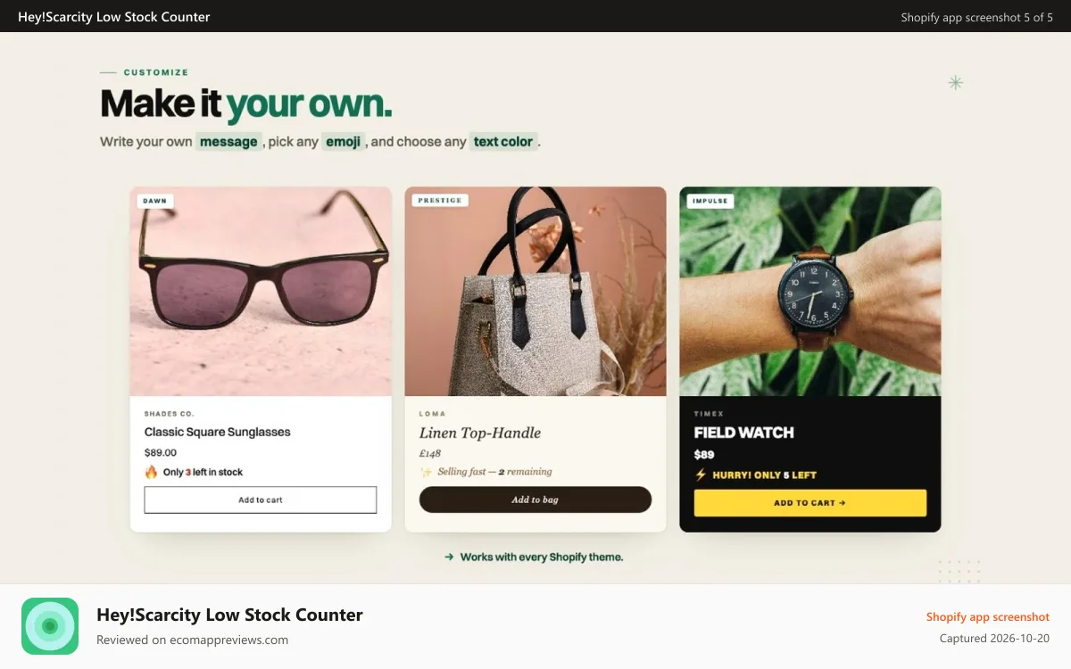 Hey!Scarcity Low Stock Counter Shopify app screenshot: Out of stock, left in stock,low inventory, stock countdown