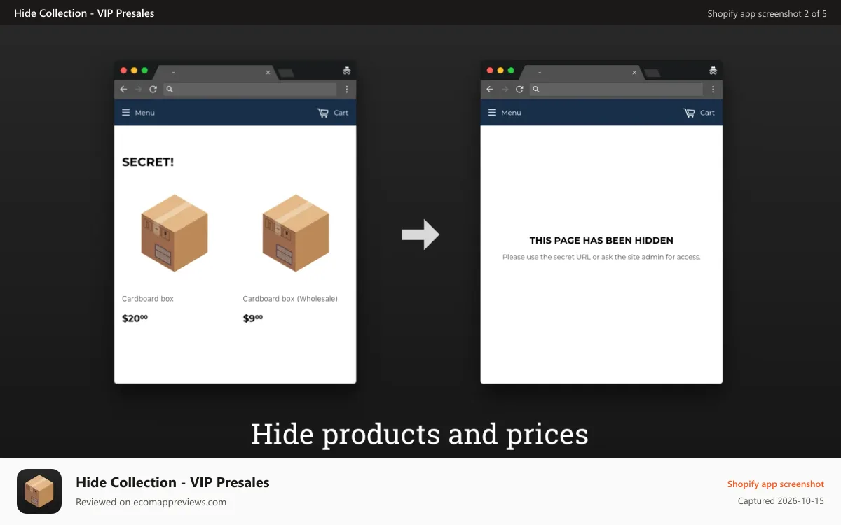 Hide Collection ‑ VIP Presales Shopify app screenshot: Hide products and prices