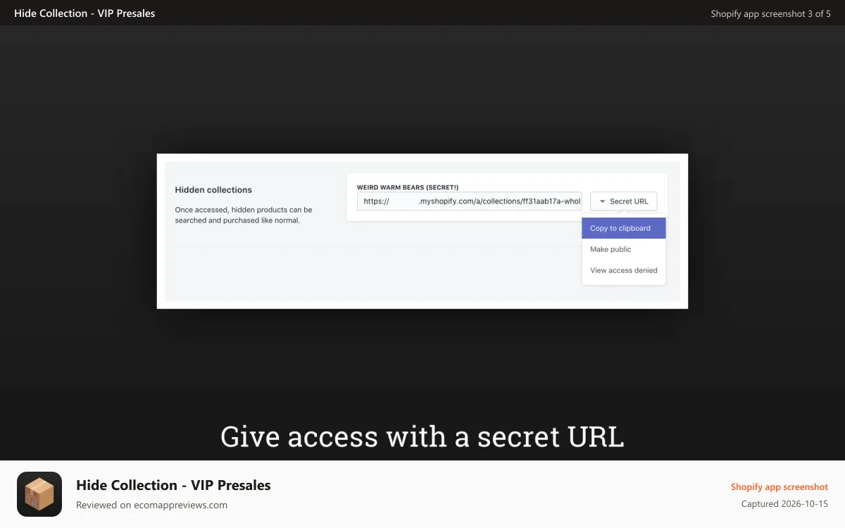 Hide Collection ‑ VIP Presales Shopify app screenshot: Give access with a secret URL