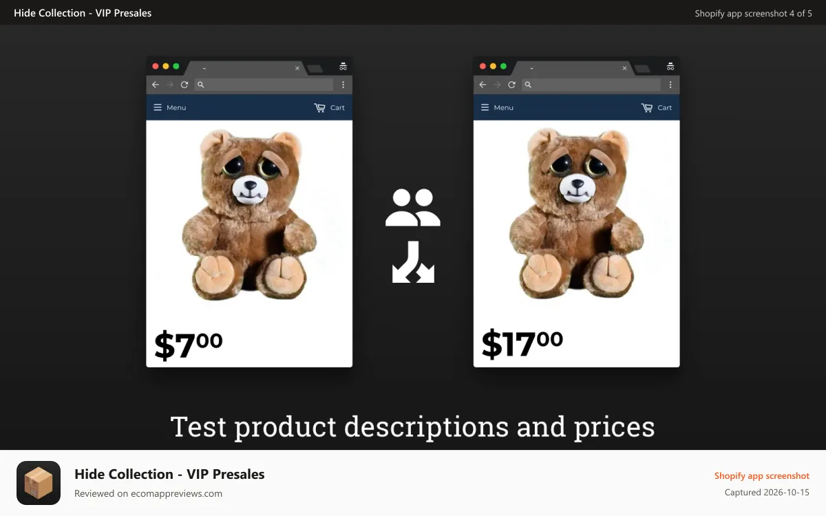 Hide Collection ‑ VIP Presales Shopify app screenshot: Test product descriptions and prices