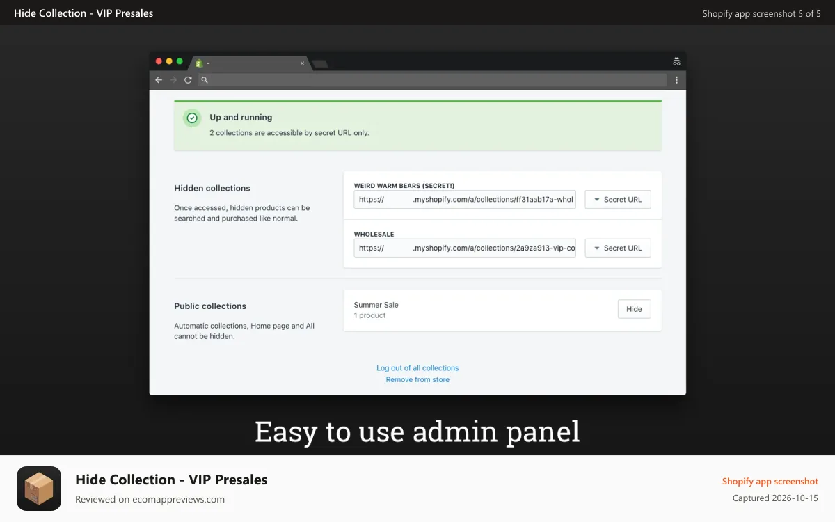 Hide Collection ‑ VIP Presales Shopify app screenshot: Easy to use admin panel