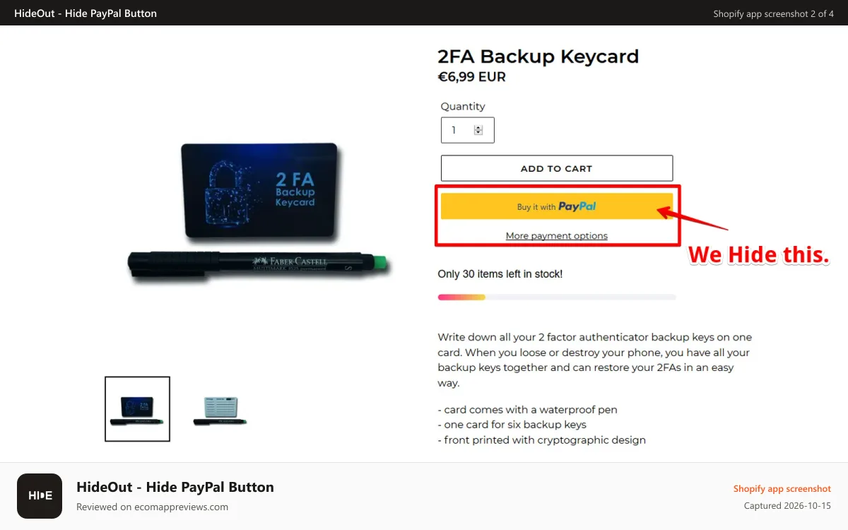 HideOut ‑ Hide PayPal Button Shopify app screenshot: hide paypal product