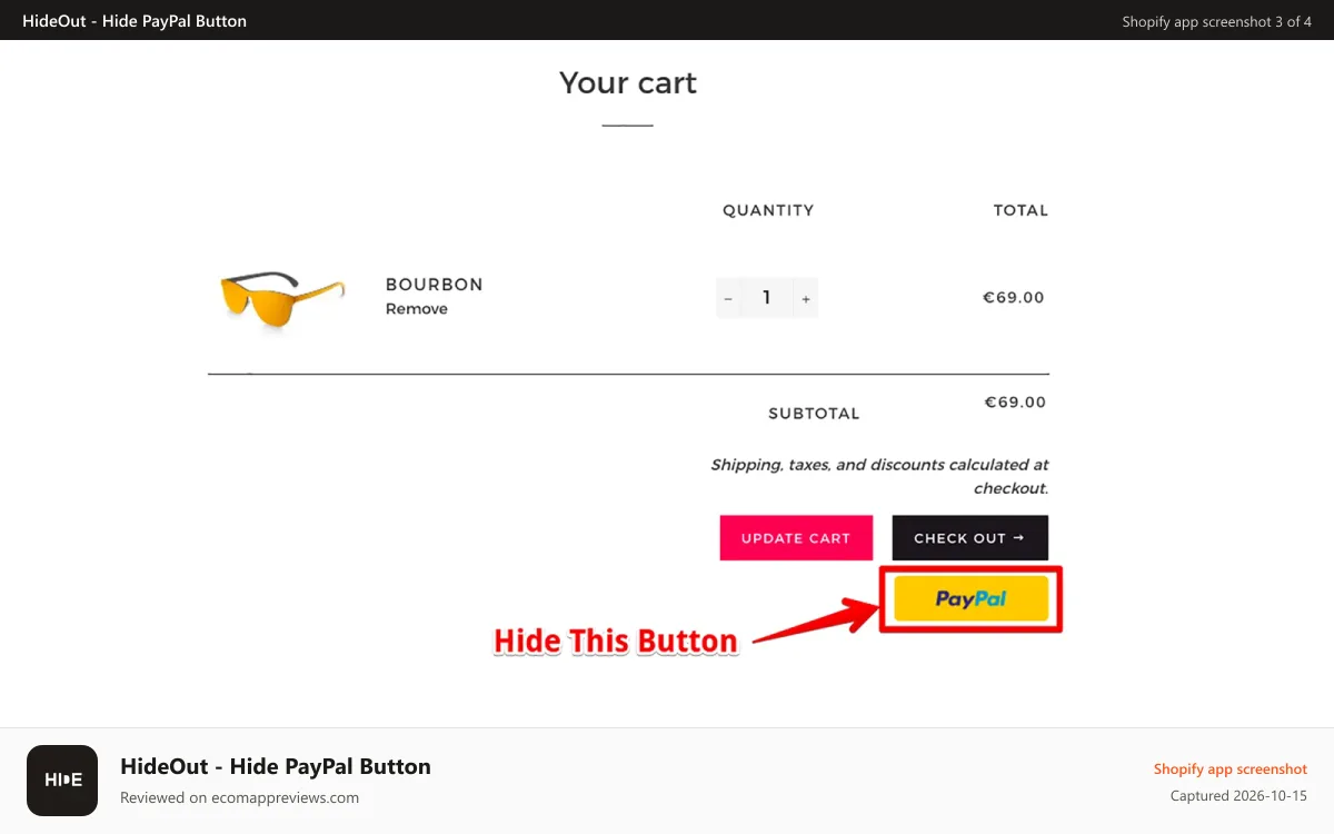 HideOut ‑ Hide PayPal Button Shopify app screenshot: hide paypal cart