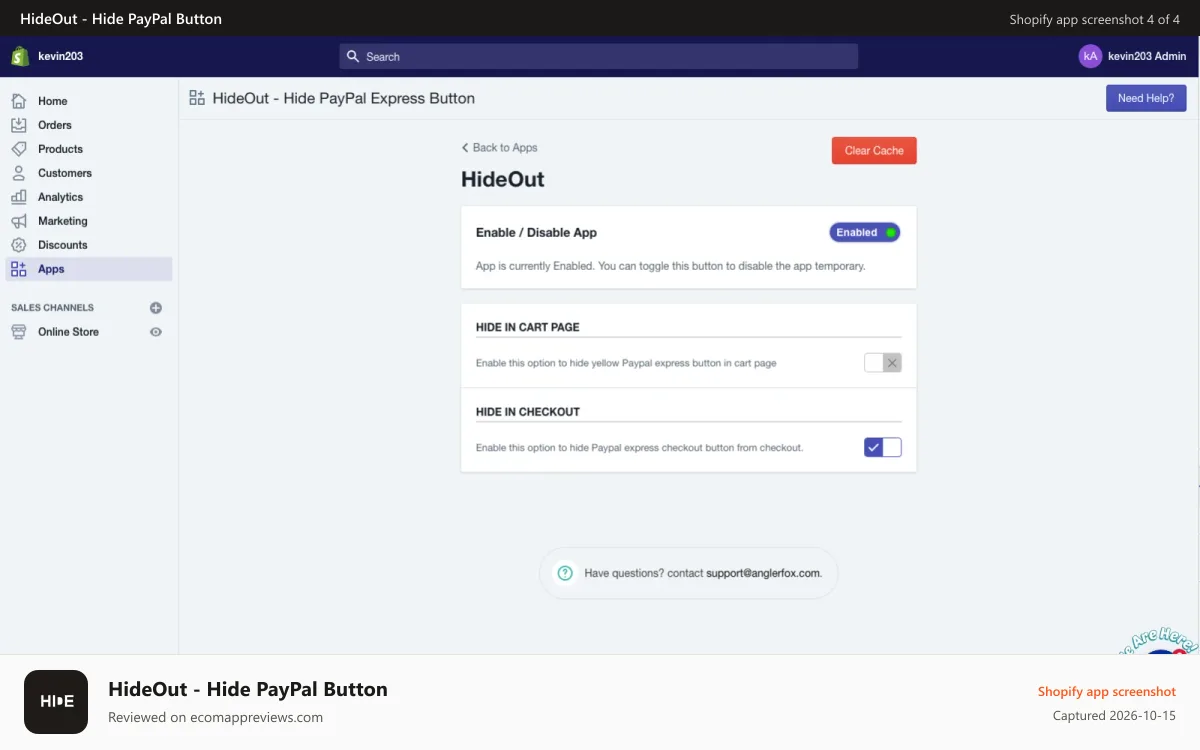 HideOut ‑ Hide PayPal Button Shopify app screenshot: hideout settings