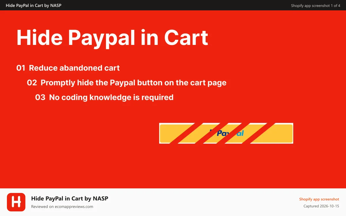Hide PayPal in Cart by NASP Shopify app screenshot: Hide paypal in Cart