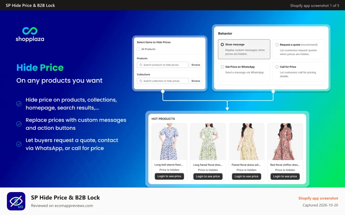 SP Hide Price & B2B Lock Shopify app screenshot: Hide price on any products and pages