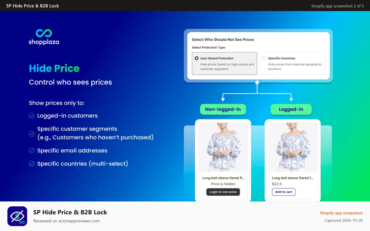 SP Hide Price & B2B Lock Shopify app screenshot: Control who can see prices with different conditions