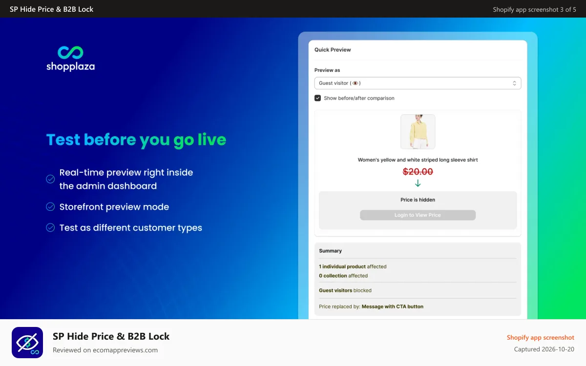 SP Hide Price & B2B Lock Shopify app screenshot: Real-time preview right inside the admin dashboard