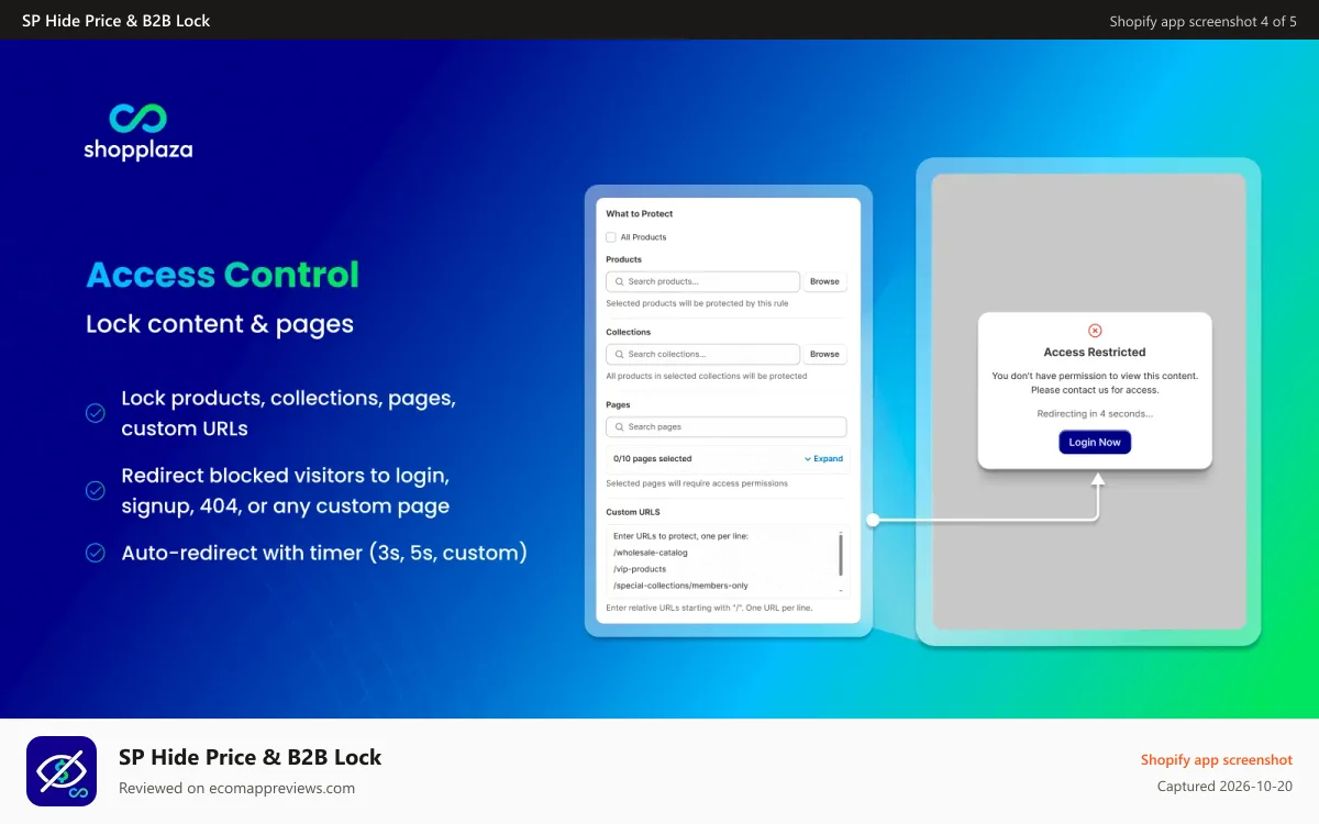 SP Hide Price & B2B Lock Shopify app screenshot: Access control - lock content and pages you want